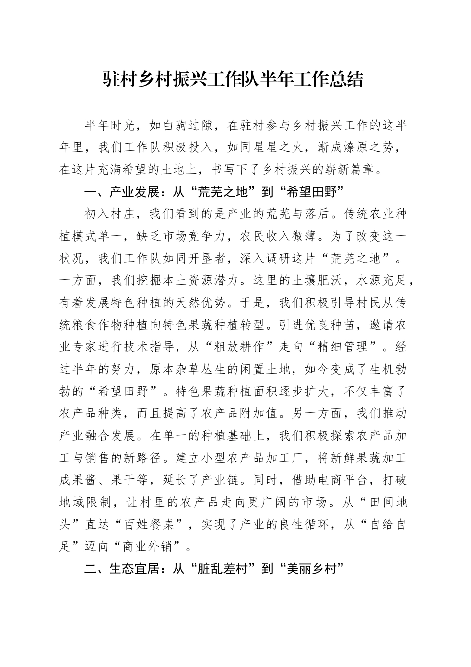 驻村乡村振兴工作队半年工作总结_第1页