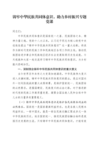 铸牢中华民族共同体意识，助力乡村振兴专题党课