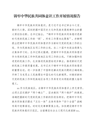 铸牢中华民族共同体意识工作开展情况报告