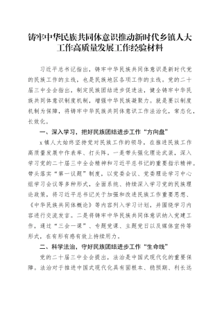 铸牢中华民族共同体意识推动新时代乡镇街道人大工作高质量发展工作经验材料