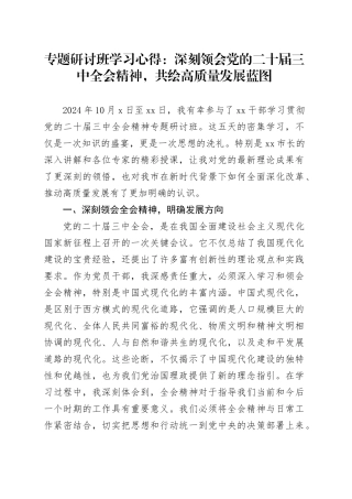 专题研讨班学习心得：深刻领会党的二十届三中全会精神，共绘高质量发展蓝图