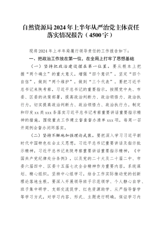 自然资源局2024年上半年从严治党主体责任落实情况报告（4500字）