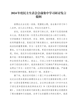 （会前）2024年度民主生活会会前集中学习研讨发言材料（党员干部）