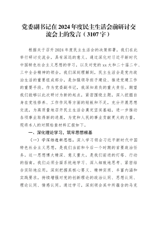（会前）党委副书记在2024年度民主生活会前研讨交流会上的发言（3107字）