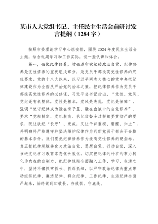 （会前）市人大党组书记、主任民主生活会前研讨发言提纲（1284字）