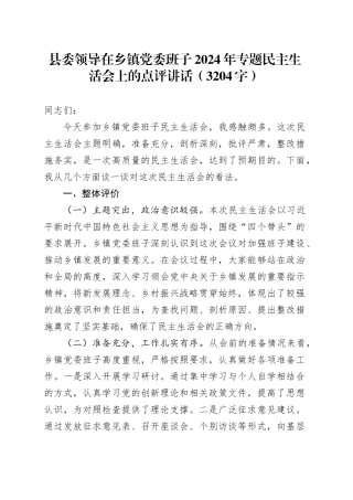 （会中）县委领导在乡镇街道2024年专题民主生活会上的点评讲话（3204字）