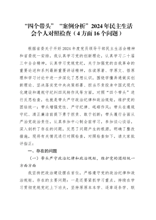 “四个带头”“案例分析”2024年民主生活会个人对照检查（4方面16个问题）