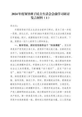 【2篇】2024年度领导班子民主生活会会前学习研讨发言材料20250219