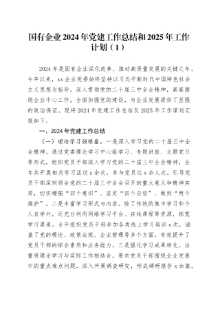 2篇国有企业2024年党建工作总结和2025年工作计划公司20241218