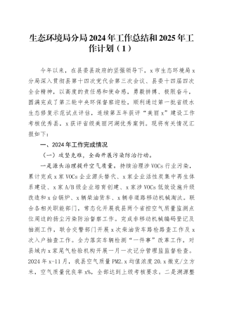 5篇2024年工作总结和2025年工作计划生态环境应急管理统计局水利医疗保障汇报报告20241227