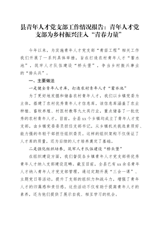 11.25 县青年人才党支部工作情况报告：青年人才党支部为乡村振兴注入“青春力量”