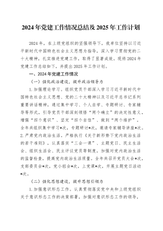 2024年党建工作情况总结及2025年工作计划