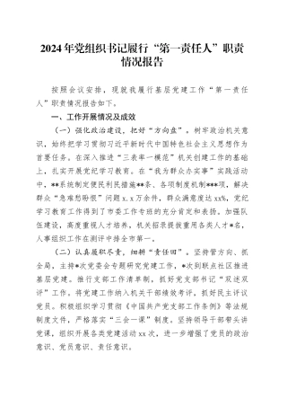 2024年党组织书记履行“第一责任人”职责情况报告