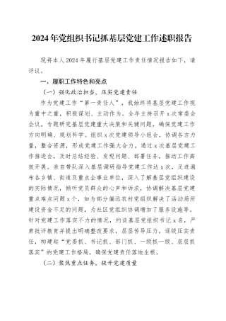 2024年党组织书记抓基层党建工作述职报告单位汇报总结20241218