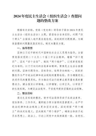 2024年度民主生活会（组织生活会）查摆问题的整改方案