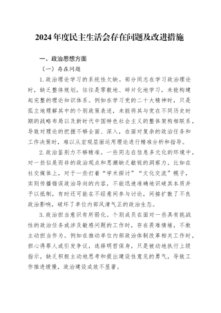 2024年度民主生活会存在问题及改进措施