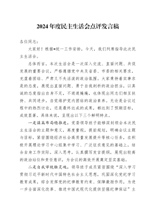 2024年度民主生活会点评发言稿