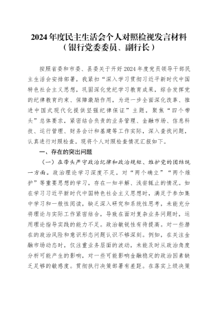2024年度民主生活会个人对照检视发言材料（银行党委委员、副行长）