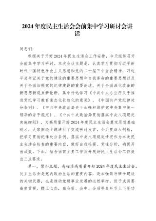 2024年度民主生活会会前集中学习研讨会讲话20250207