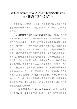 2024年度民主生活会会前中心组学习研讨发言（围绕“四个带头”）