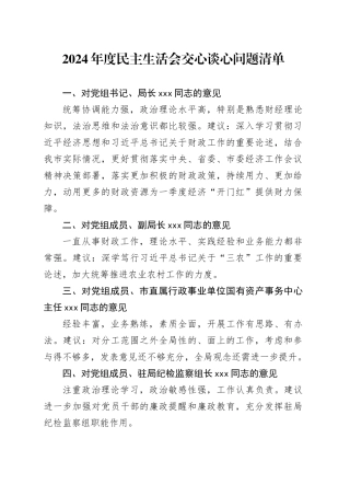 2024年度民主生活会交心谈心问题清单