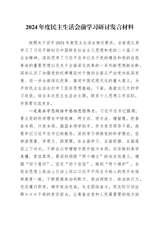 2024年度民主生活会前学习研讨发言材料