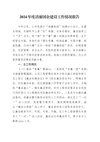 2024年度清廉国企建设工作情况总结报告（公司）