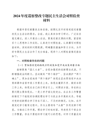 2024年度巡察整改专题民主生活会对照检查材料