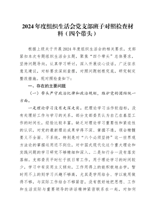 2024年度组织生活会党支部班子对照检查材料（四个带头，纪律规矩团结统一、党性纪律作风、清正廉洁、从严治党，检视剖析，发言提纲）20250312