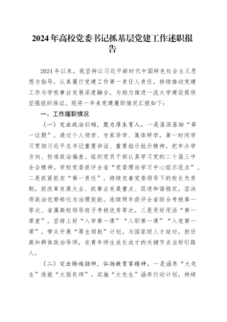 2024年高校党委书记抓基层党建工作述职报告20241225