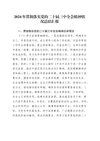 2024年贯彻落实党的二十届三中全会精神情况总结汇报