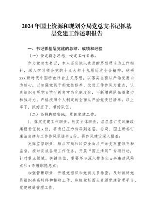 2024年国土资源和规划分局党总支书记抓基层党建工作述职报告