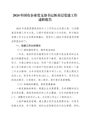 2024年国有企业党支部书记抓基层党建工作述职报告20250115