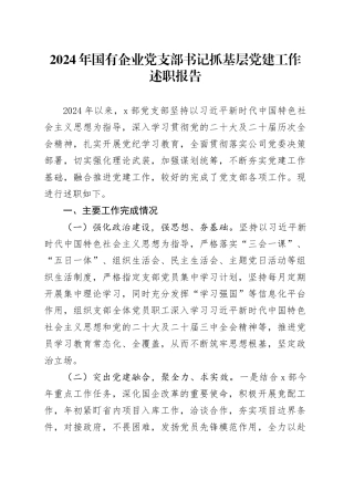 2024年国有企业党支部书记抓基层党建工作述职报告20250207