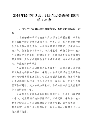 2024年民主生活会、组织生活会查摆问题清单（28条）