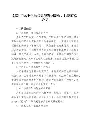 2024年民主生活会典型案例剖析、问题查摆合集