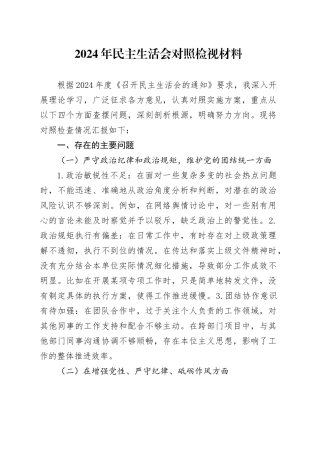 2024年民主生活会对照检视材料