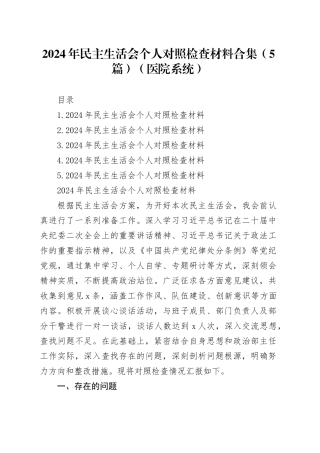 2024年民主生活会个人对照检查材料合集（5篇）（医院系统）