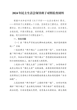 2024年民主生活会领导班子对照检查材料