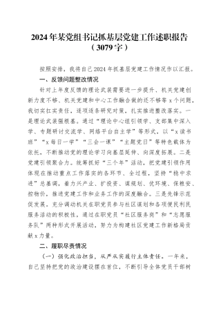 2024年某党组书记抓基层党建工作述职报告（3079字）