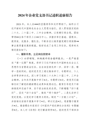 2024年企业党支部书记述职述廉报告