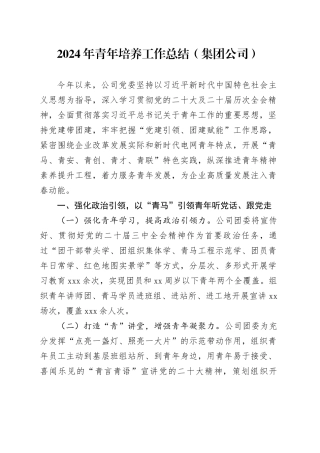 2024年青年培养工作总结（集团公司）