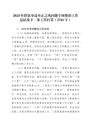 2024年群众身边不正之风问题专项整治工作总结及下一步工作打算（2741字）