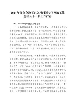 2024年群众身边不正之风问题专项整治工作总结及下一步工作打算