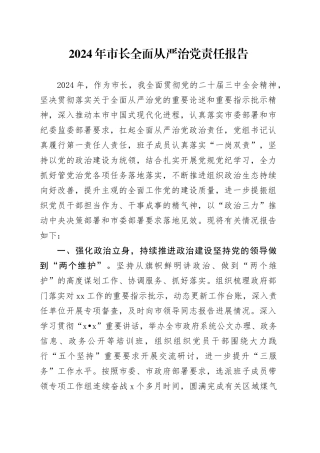 2024年市长全面从严治党责任报告