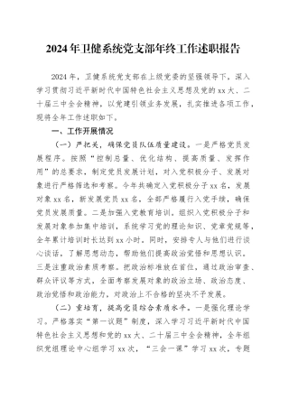 2024年卫健系统党支部年终工作述职报告