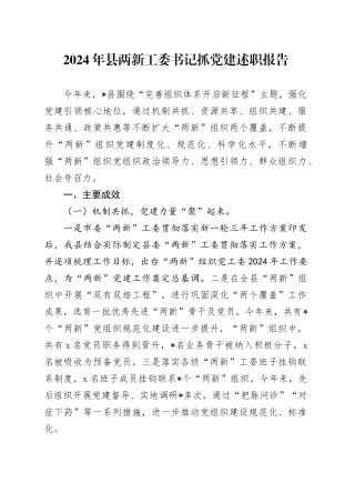 2024年县两新工委书记抓党建述职报告(1)