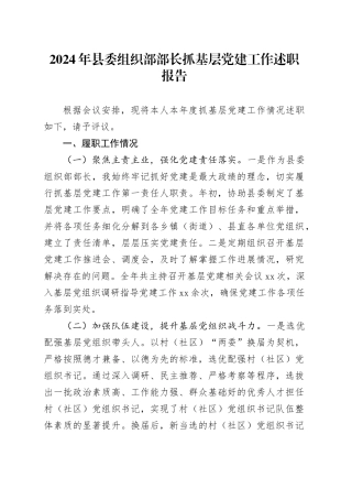 2024年县委组织部部长抓基层党建工作述职报告20241204