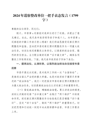 2024年巡察整改单位一把手表态发言（1799字）