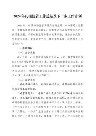 2024年药械监管工作总结及下一步工作计划